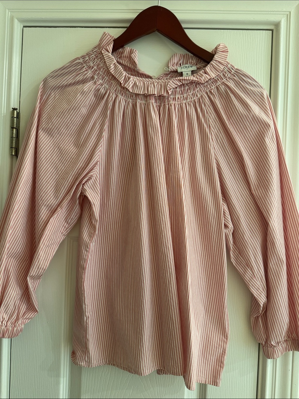 J. Crew Pink and White Striped Ruffle Neck Blouse